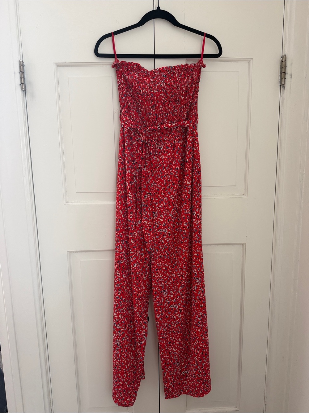 She + Sky Red Floral Smocked Strap Jumpsuit